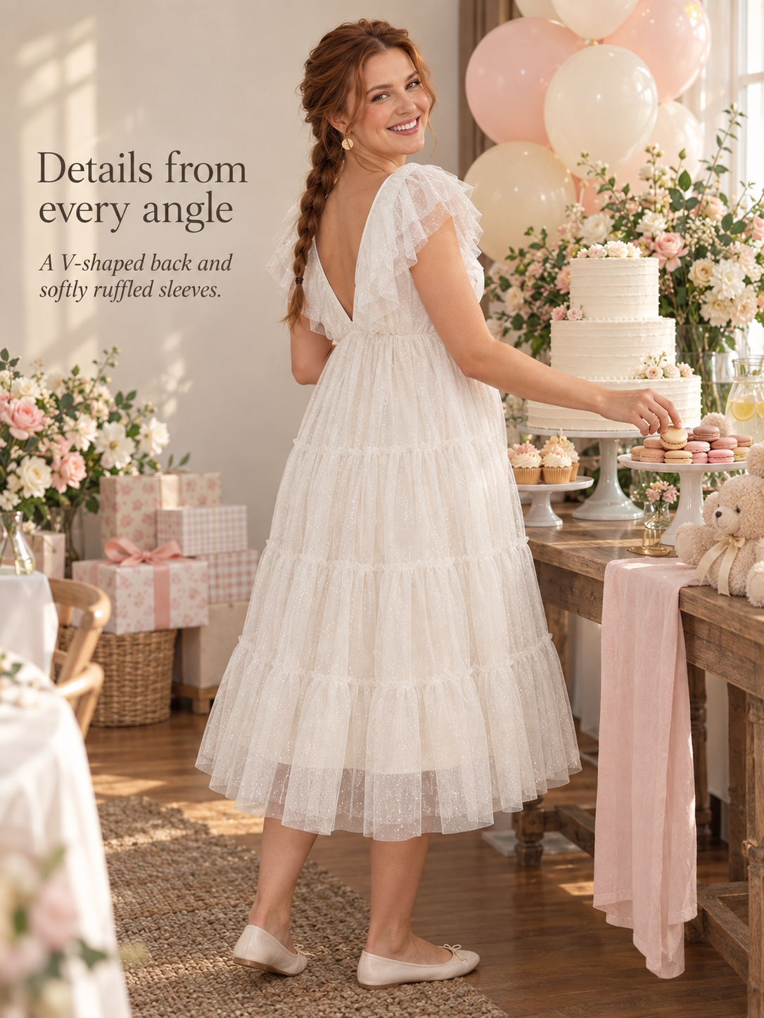 Cosette Ivory maternity dress — back view by the dessert table showing the V back