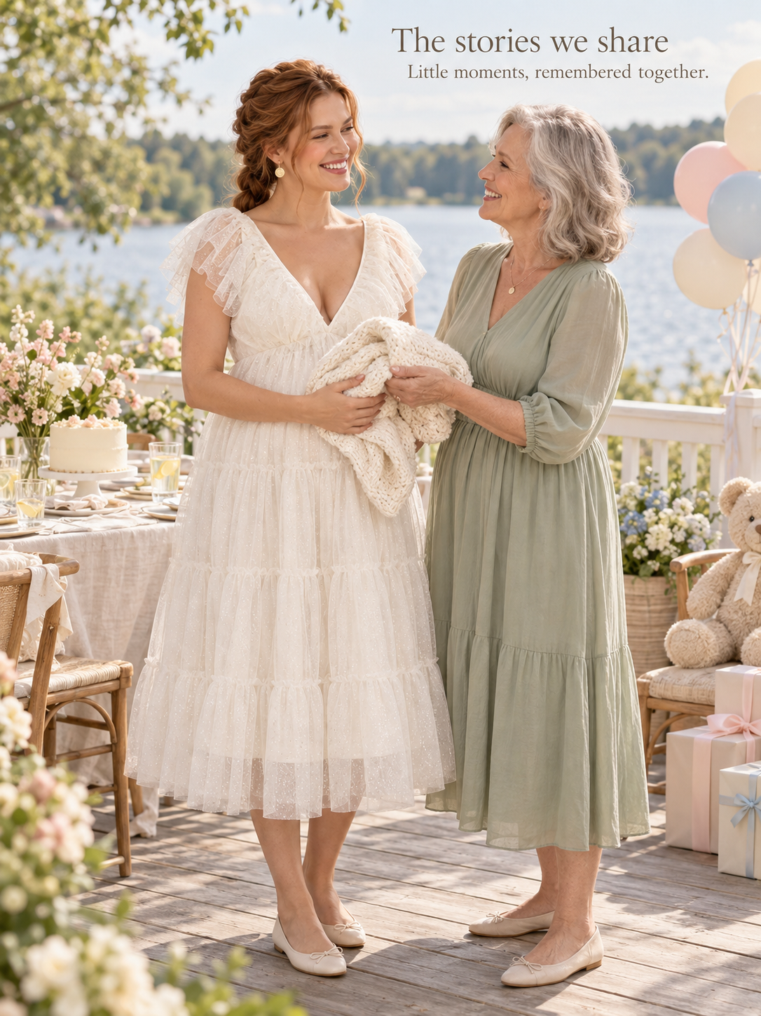 Cosette Ivory maternity dress — sharing a knitted baby blanket with her mother by the lake