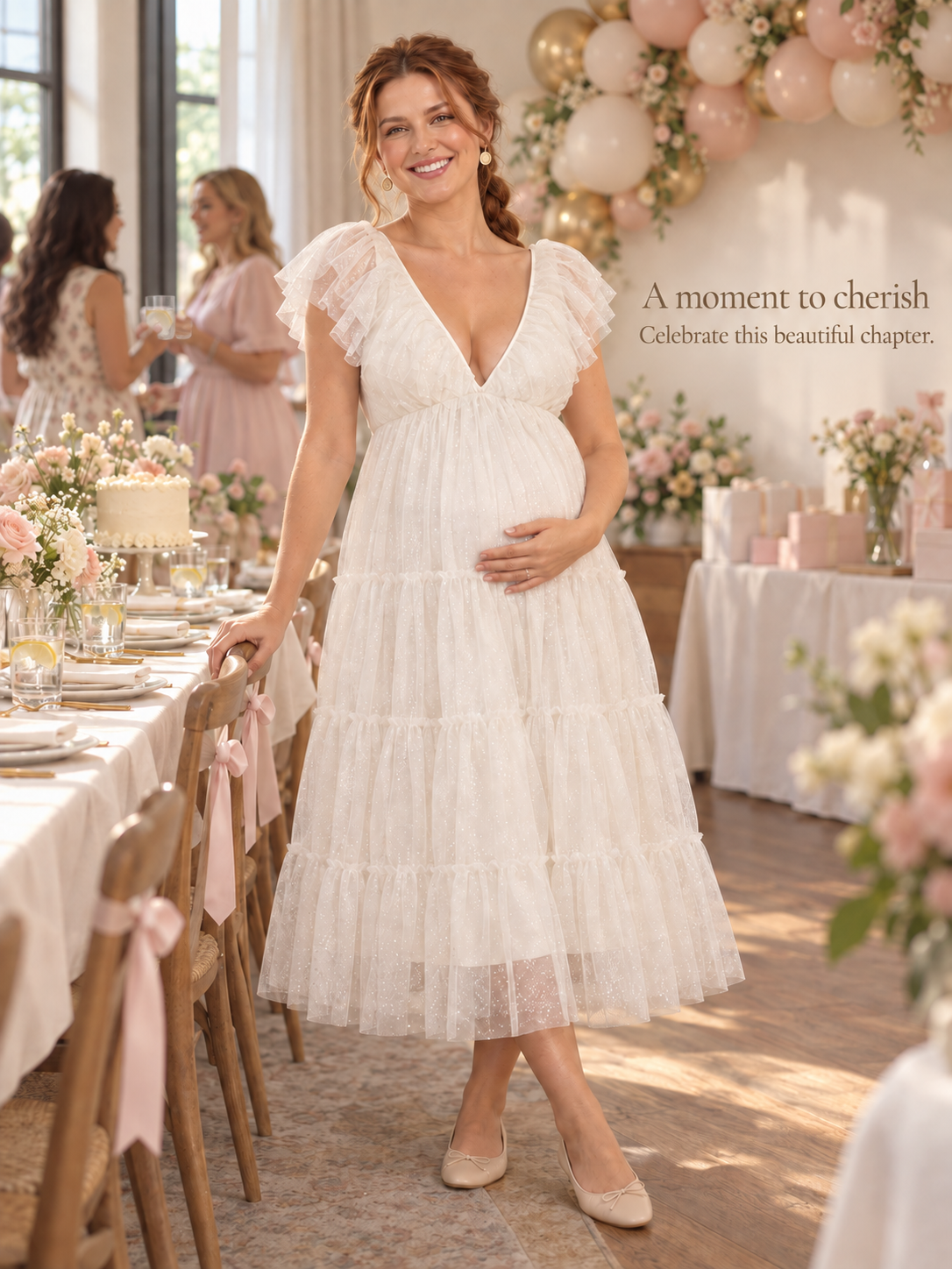 Cosette Ivory maternity dress — baby shower luncheon in a private dining room