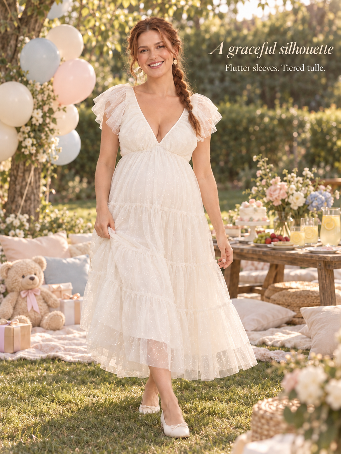 Cosette Ivory maternity dress — backyard lawn picnic baby shower with balloons