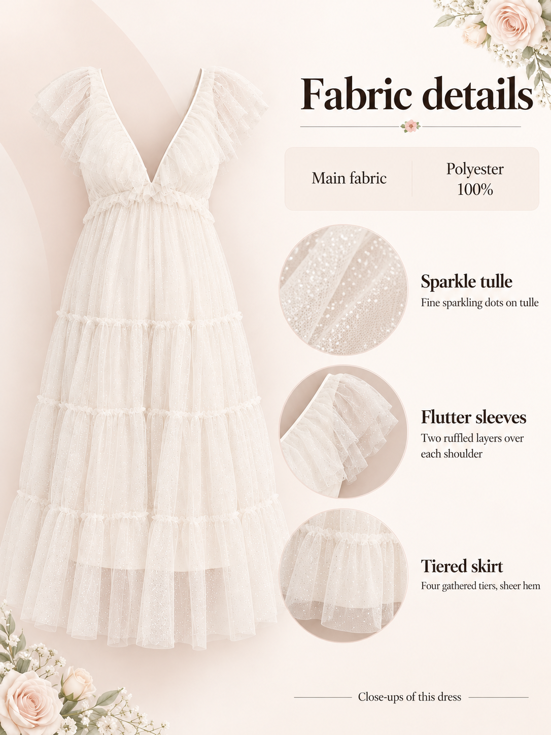 Cosette Ivory maternity dress — material guide showing the sparkling tulle, flutter sleeves and gathered tiers