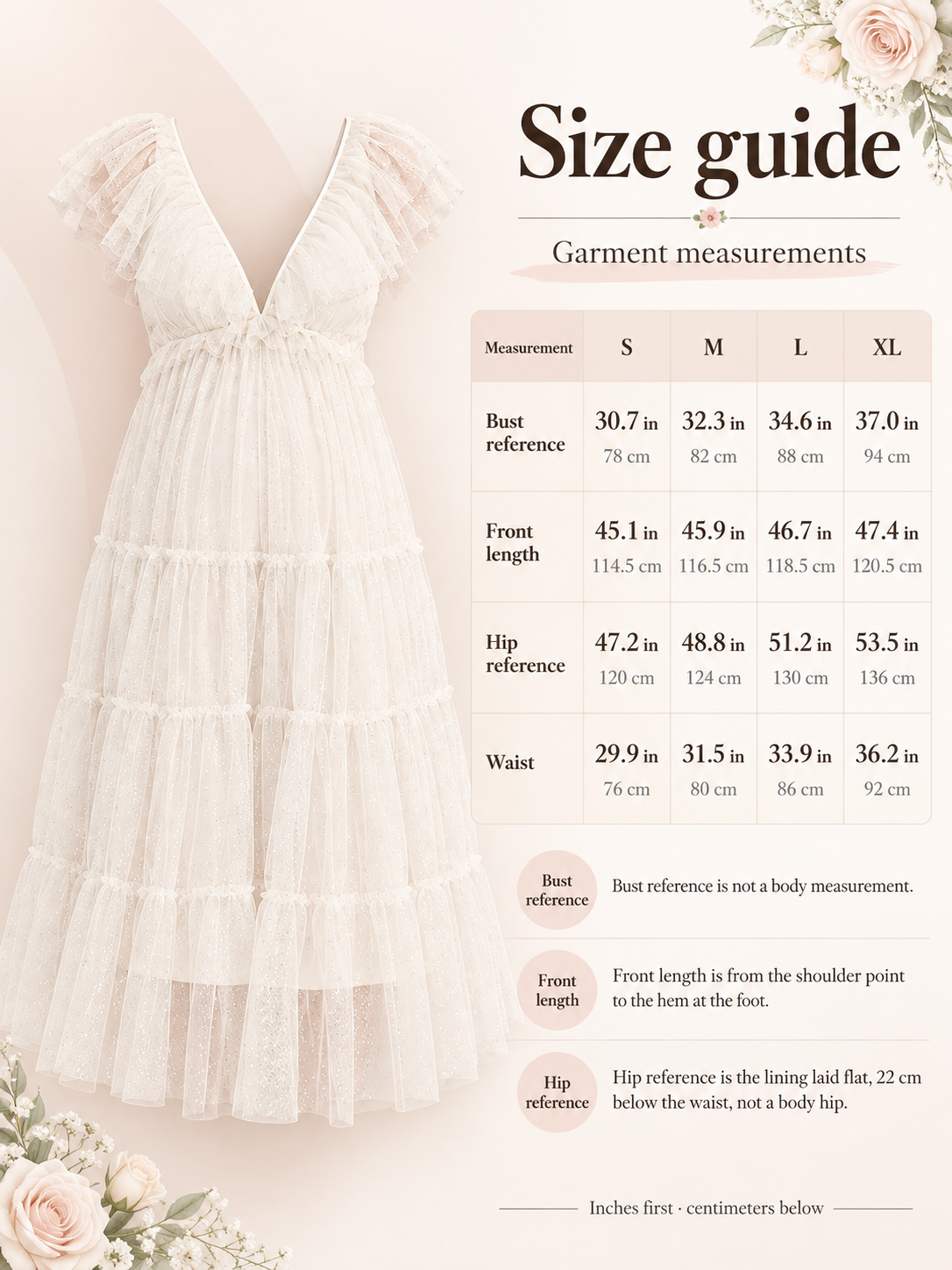 Cosette Ivory maternity dress — size guide with S to XL garment measurements in inches and centimeters