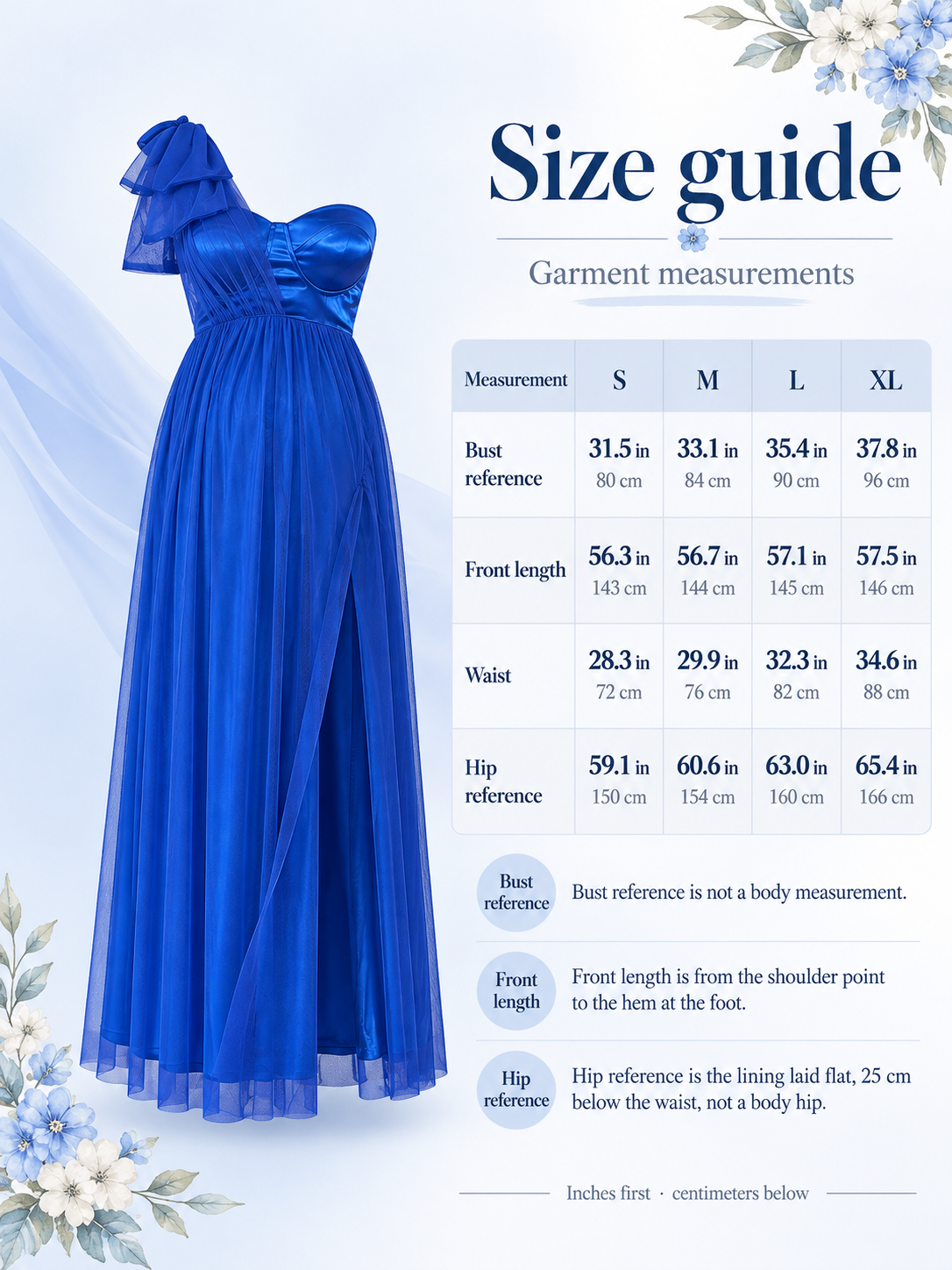 Size guide for the Estelle Royal Blue maternity dress, S to XL garment measurements in inches and centimeters