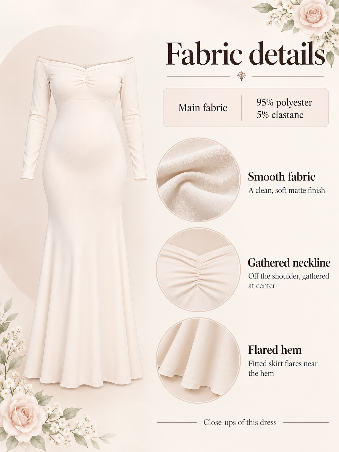 Material guide for the Amelise Ivory maternity dress