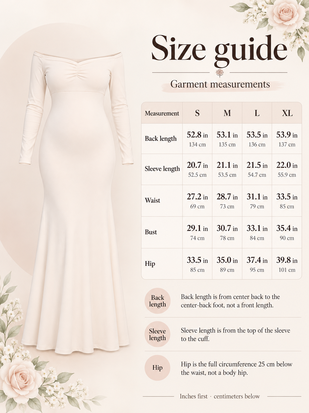 Size guide for the Amelise Ivory maternity dress, S to XL garment measurements in inches and centimeters