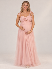 Juliette Blush Pink maternity dress — front view with tie straps, twist-front bodice and tulle maxi skirt