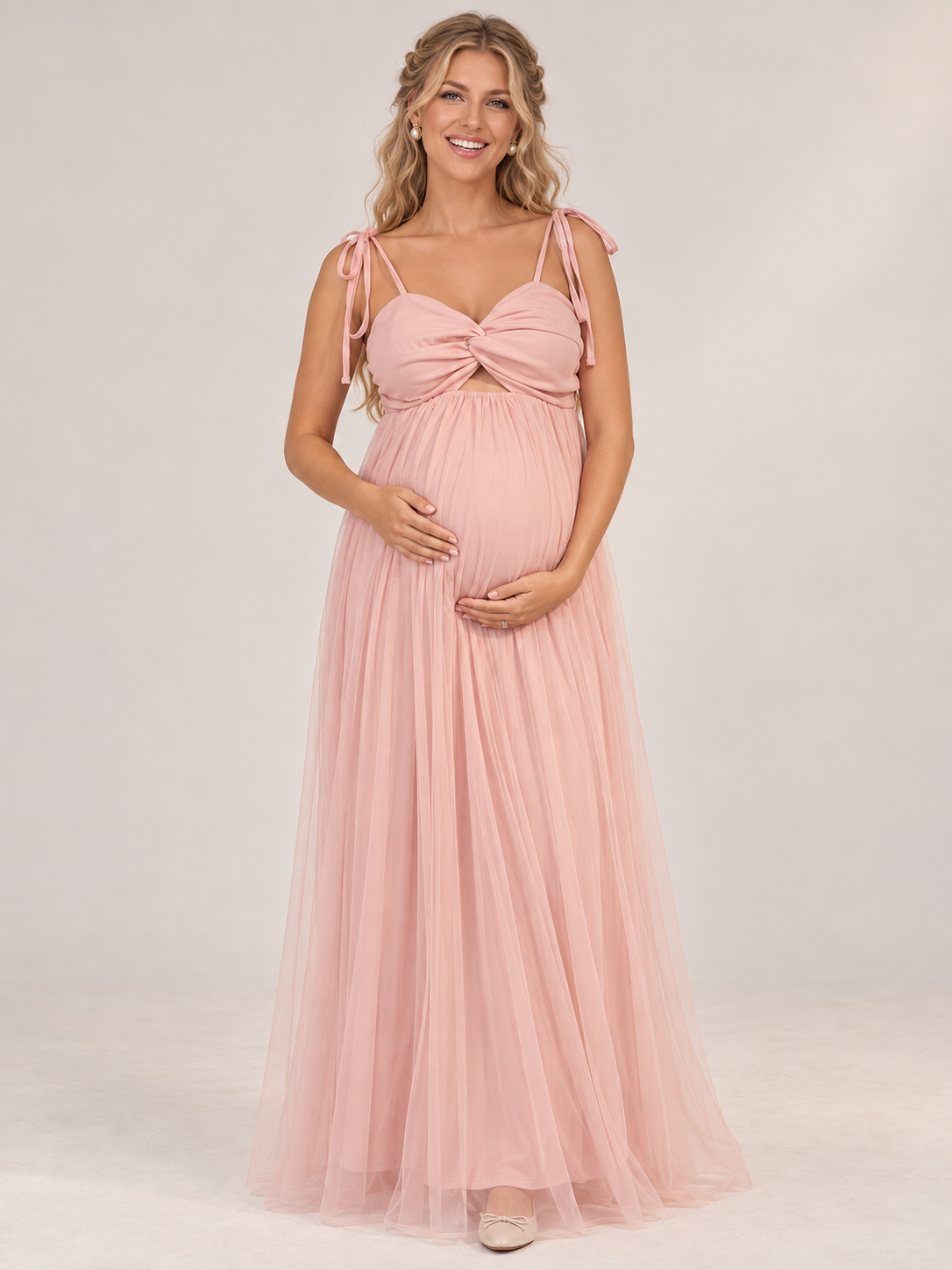 Juliette Blush Pink maternity dress — front view with tie straps, twist-front bodice and tulle maxi skirt