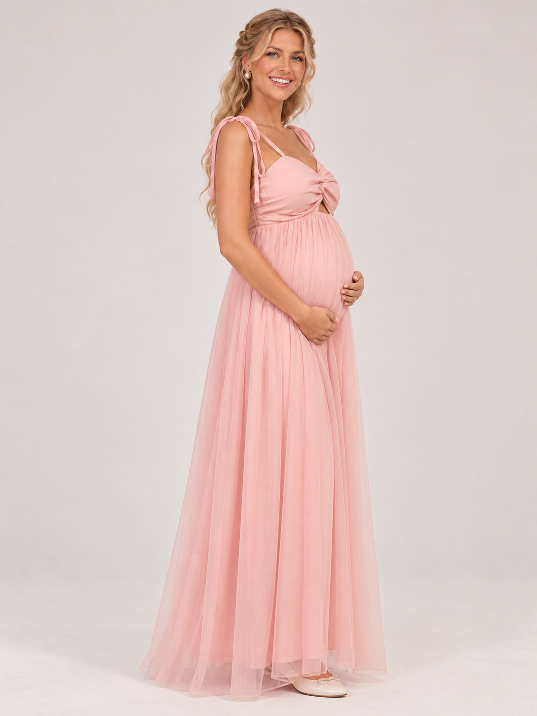 Juliette Blush Pink maternity dress — side view of the high waist and maternity silhouette