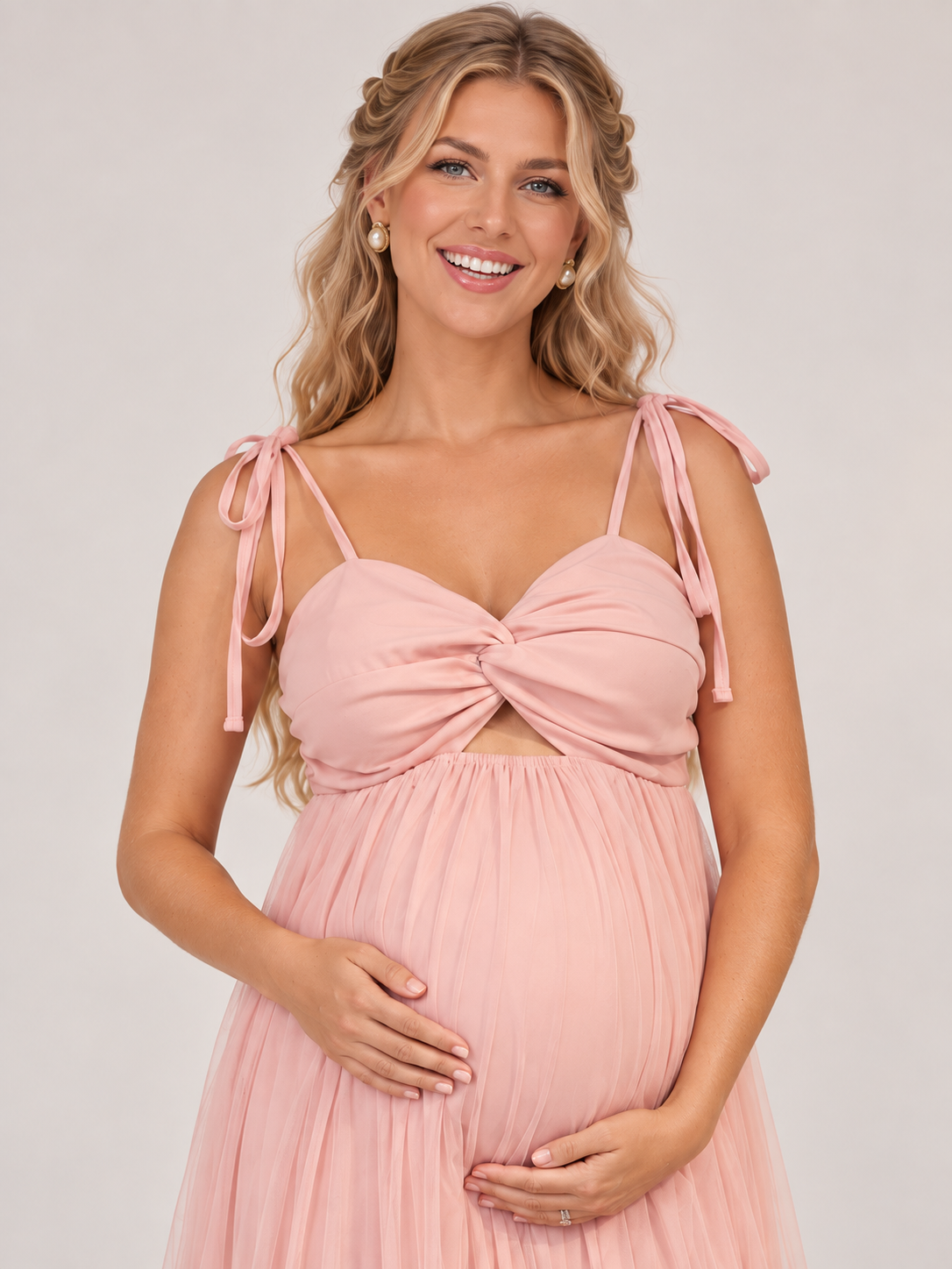 Juliette Blush Pink maternity dress — shoulder ties and twist-front bodice with small cutout close-up