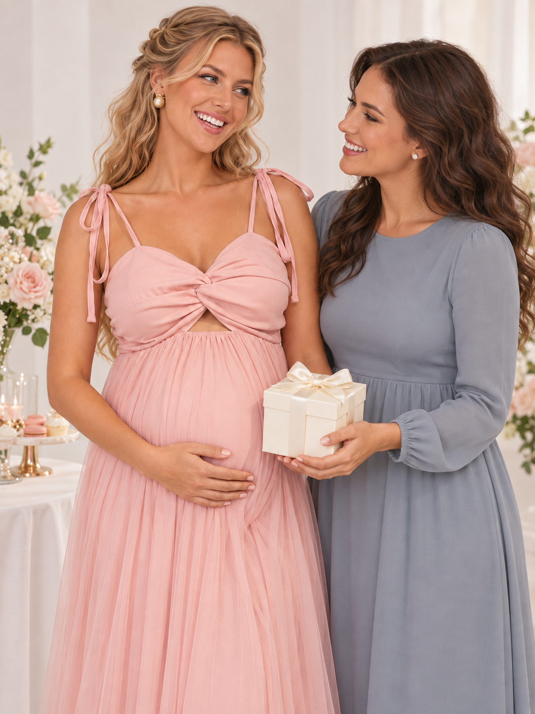 Juliette Blush Pink maternity dress — baby shower celebration with a friend and a gift