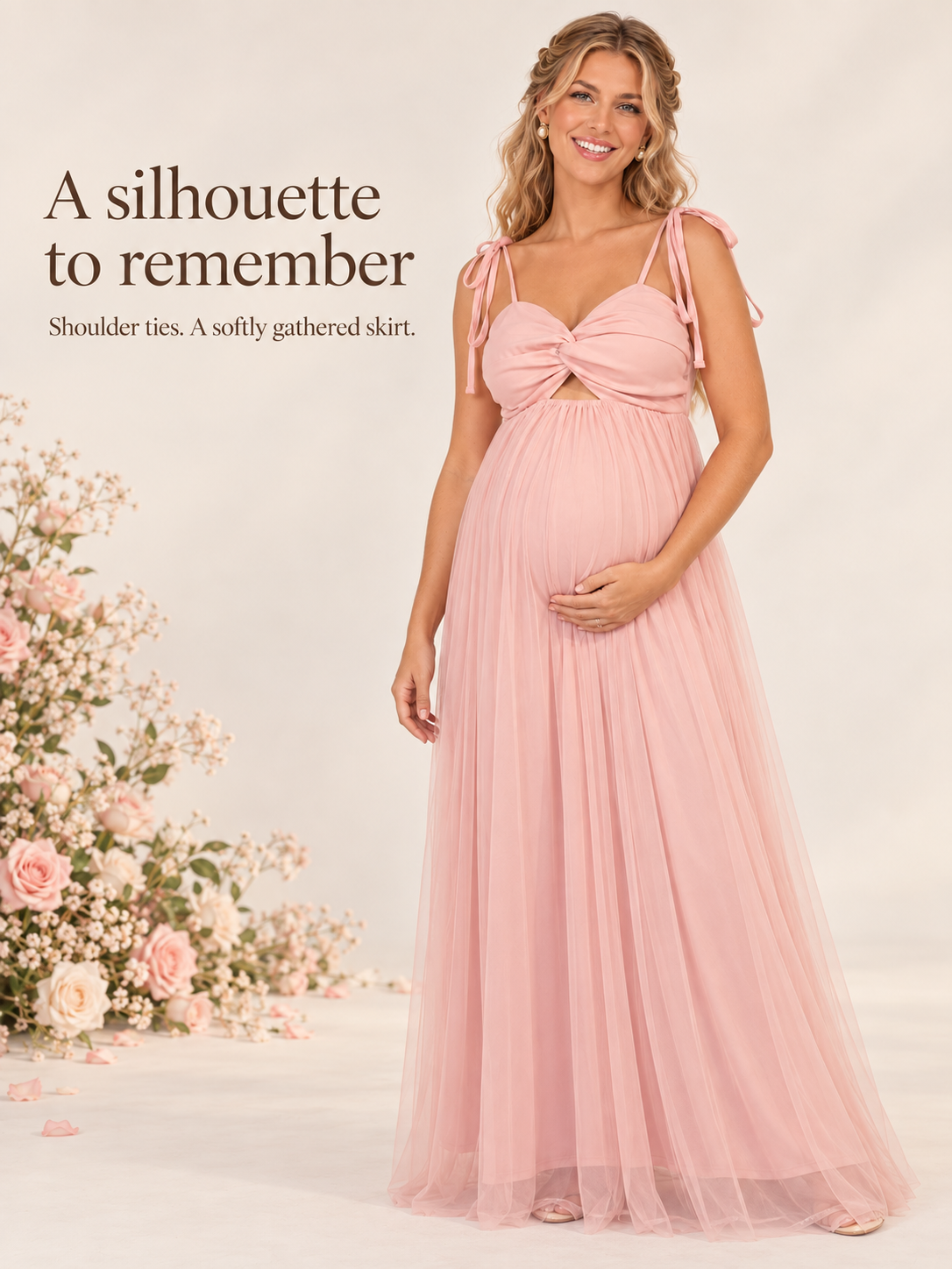 Juliette Blush Pink maternity dress — full silhouette with shoulder ties and a gathered skirt