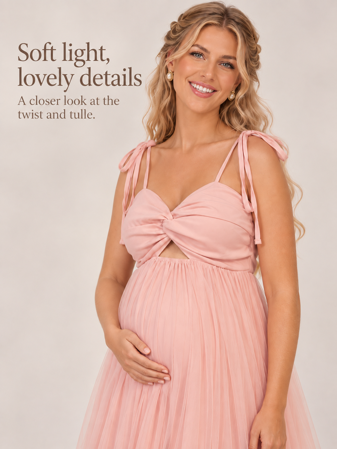 Juliette Blush Pink maternity dress — twisted bodice and soft tulle in gentle light