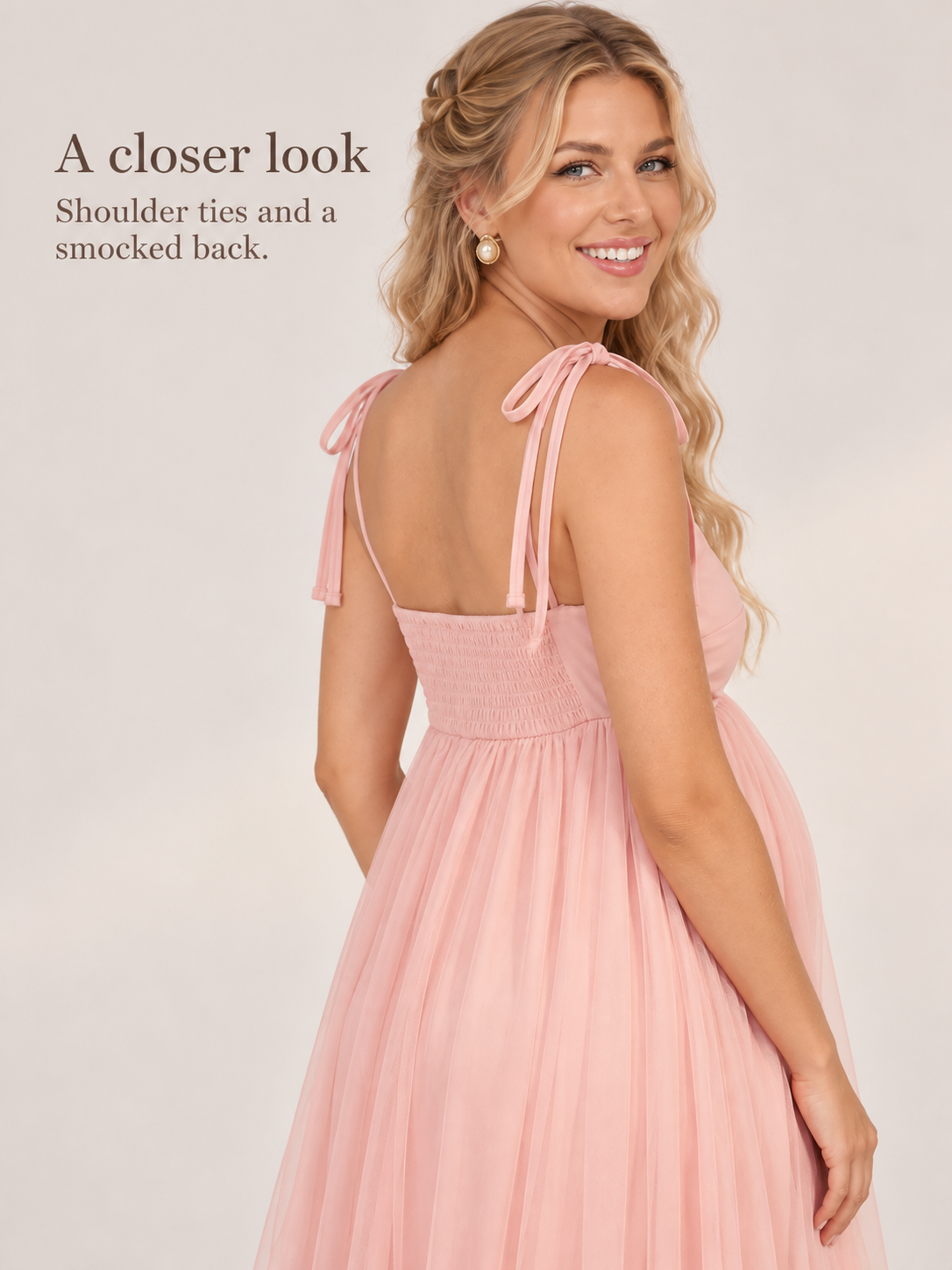 Juliette Blush Pink maternity dress — shoulder ties and smocked back close-up