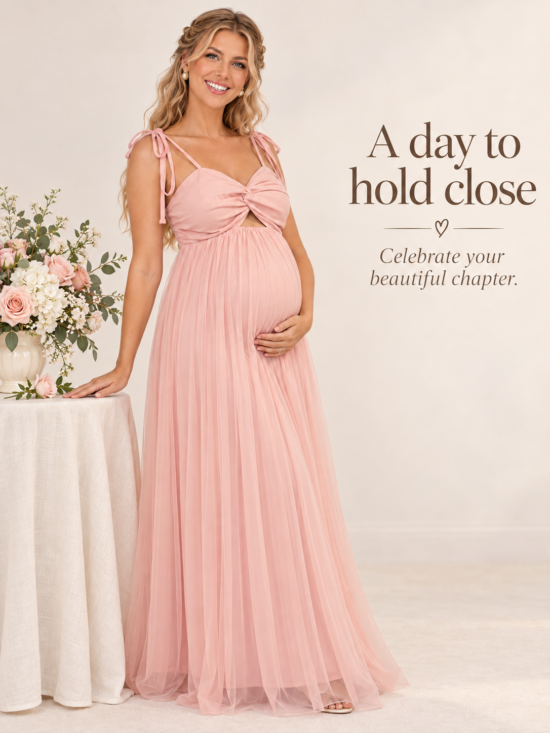 Juliette Blush Pink maternity dress — baby shower and maternity portrait styling with flowers
