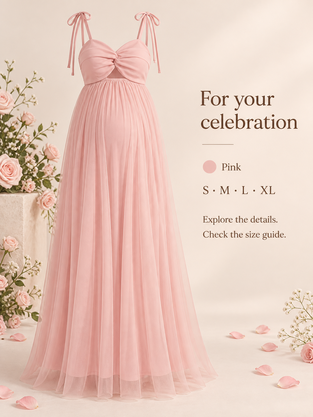 Juliette Blush Pink maternity dress — the dress shown on its own with ties and tulle