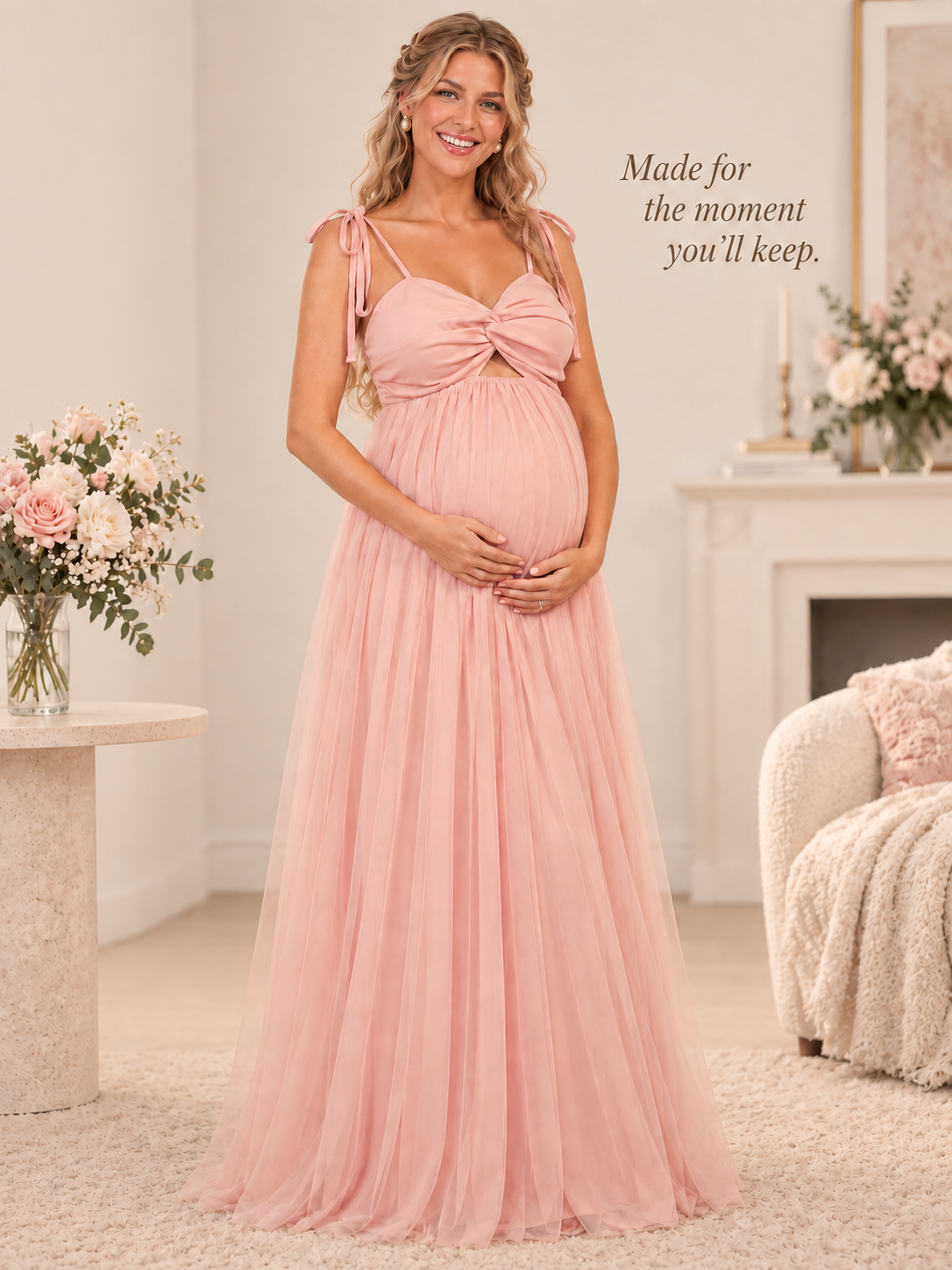 Juliette Blush Pink maternity dress — BabyShowerDress brand story with a full-length view
