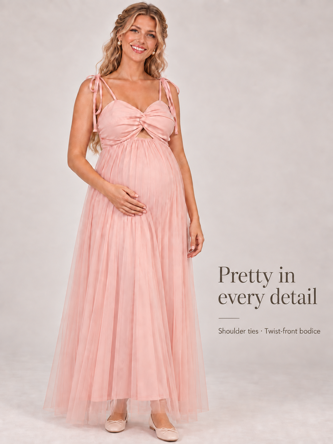 Juliette Blush Pink maternity dress — full-length view of the tulle layers and shoulder ties