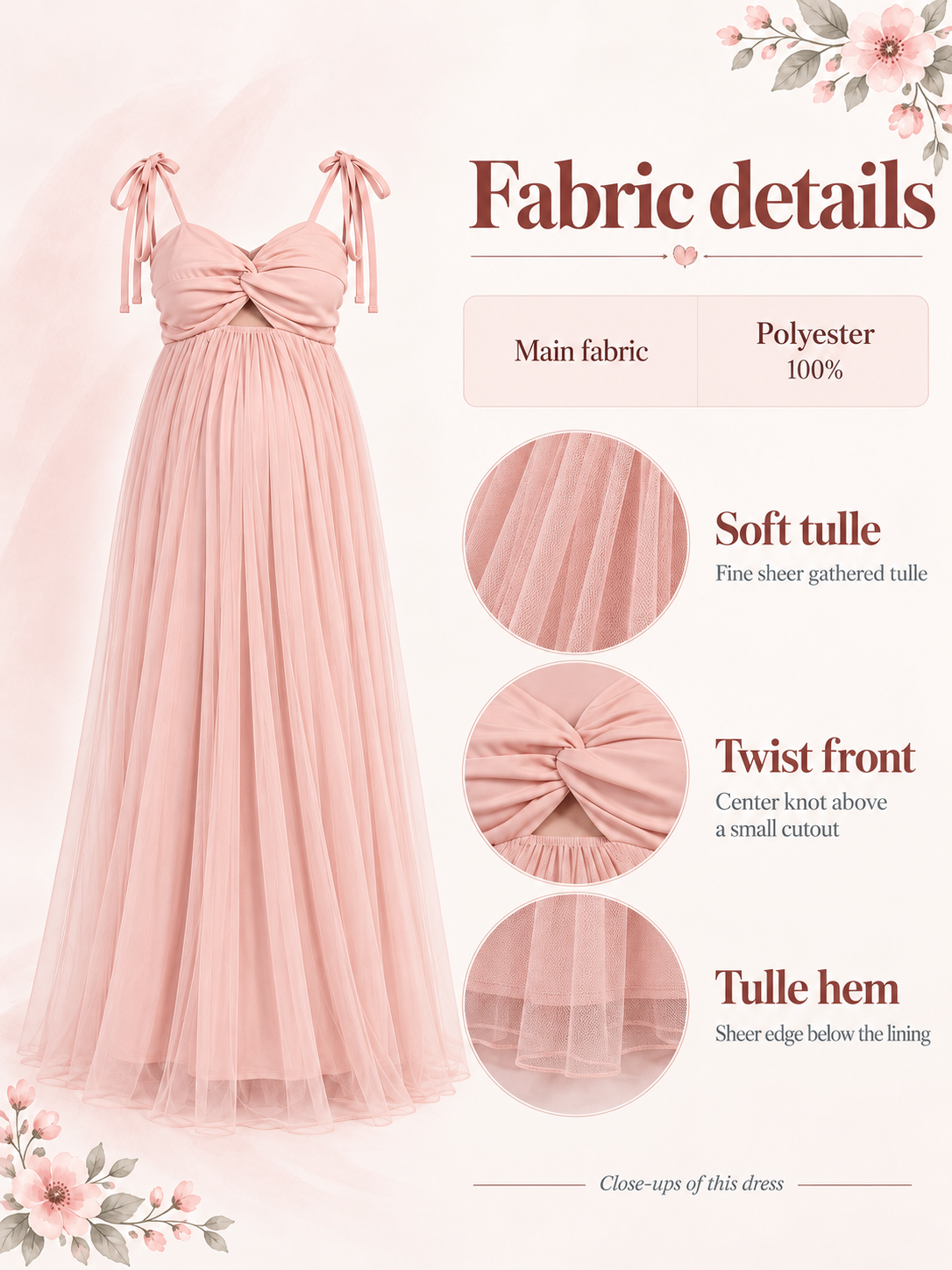 Juliette Blush Pink maternity dress — material guide showing the twisted bodice, sheer tulle and lining