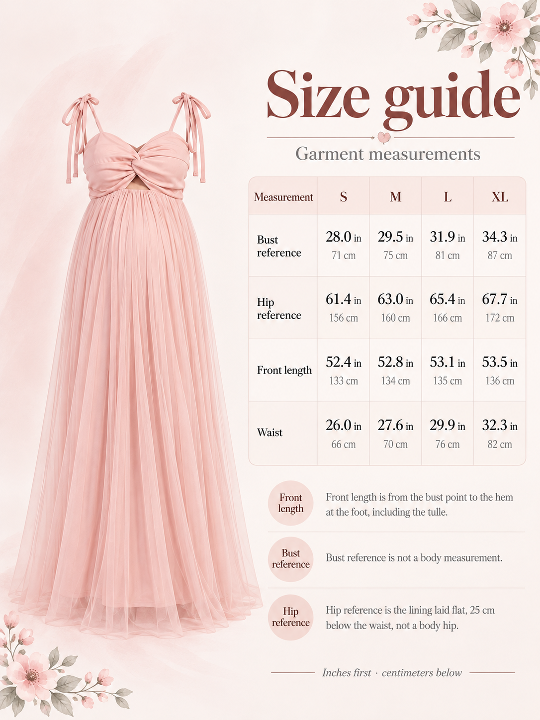 Juliette Blush Pink maternity dress — size guide with S to XL garment measurements in inches and centimeters