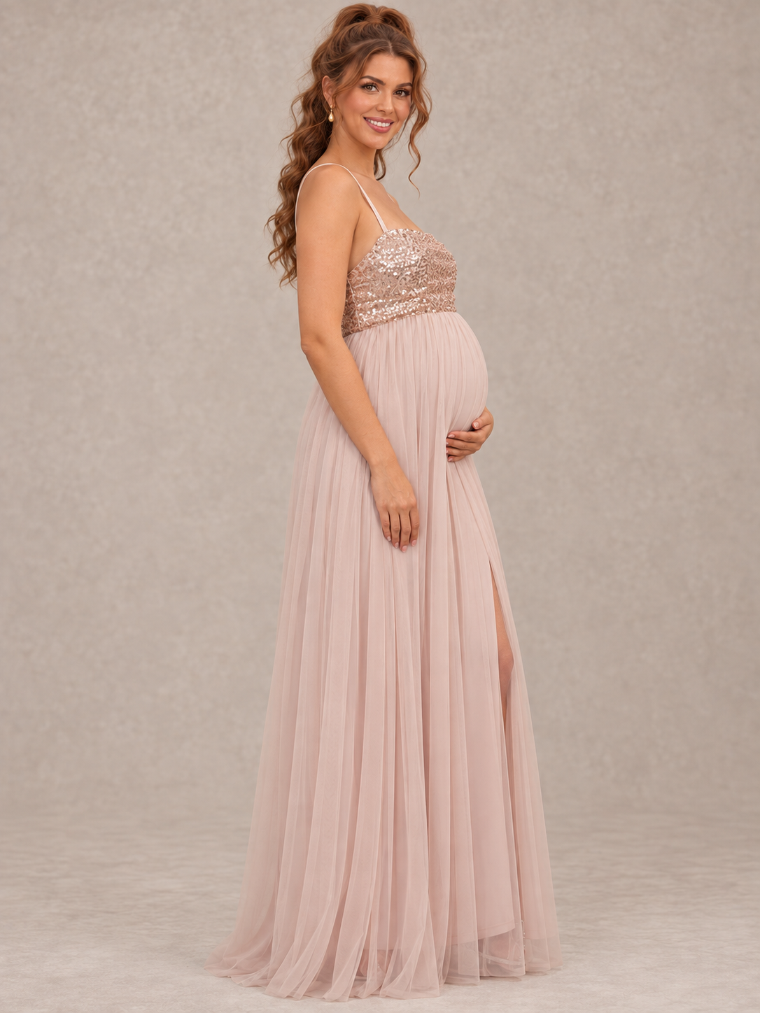 Serelle Champagne maternity dress — side silhouette