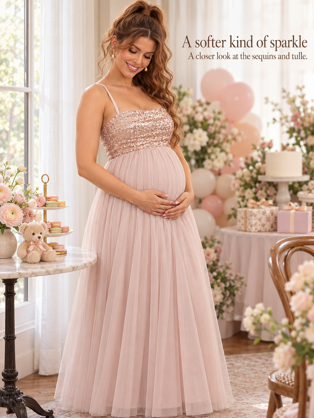 Serelle Champagne maternity dress — fabric detail in soft light