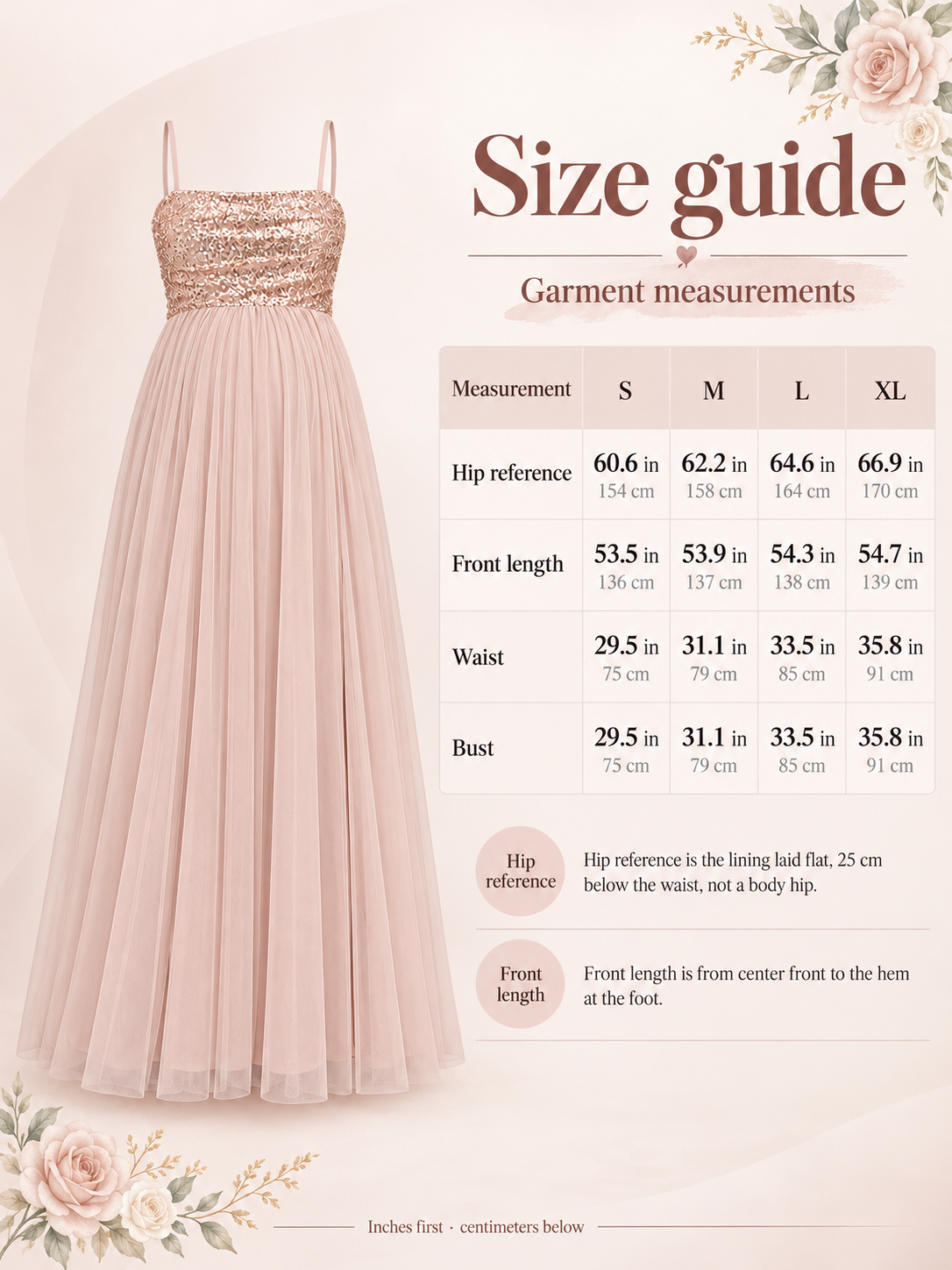 Size guide for the Serelle Champagne maternity dress, S to XL garment measurements in inches and centimeters