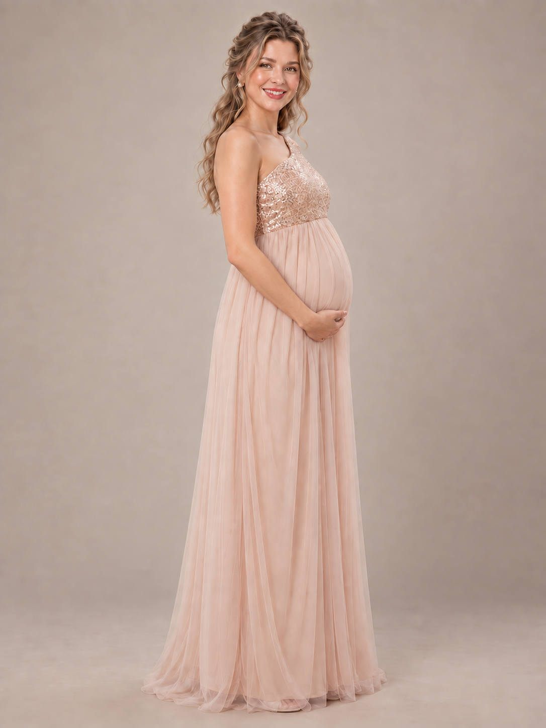 Vivienne Rose Gold maternity dress — side view of the empire waist and maternity silhouette