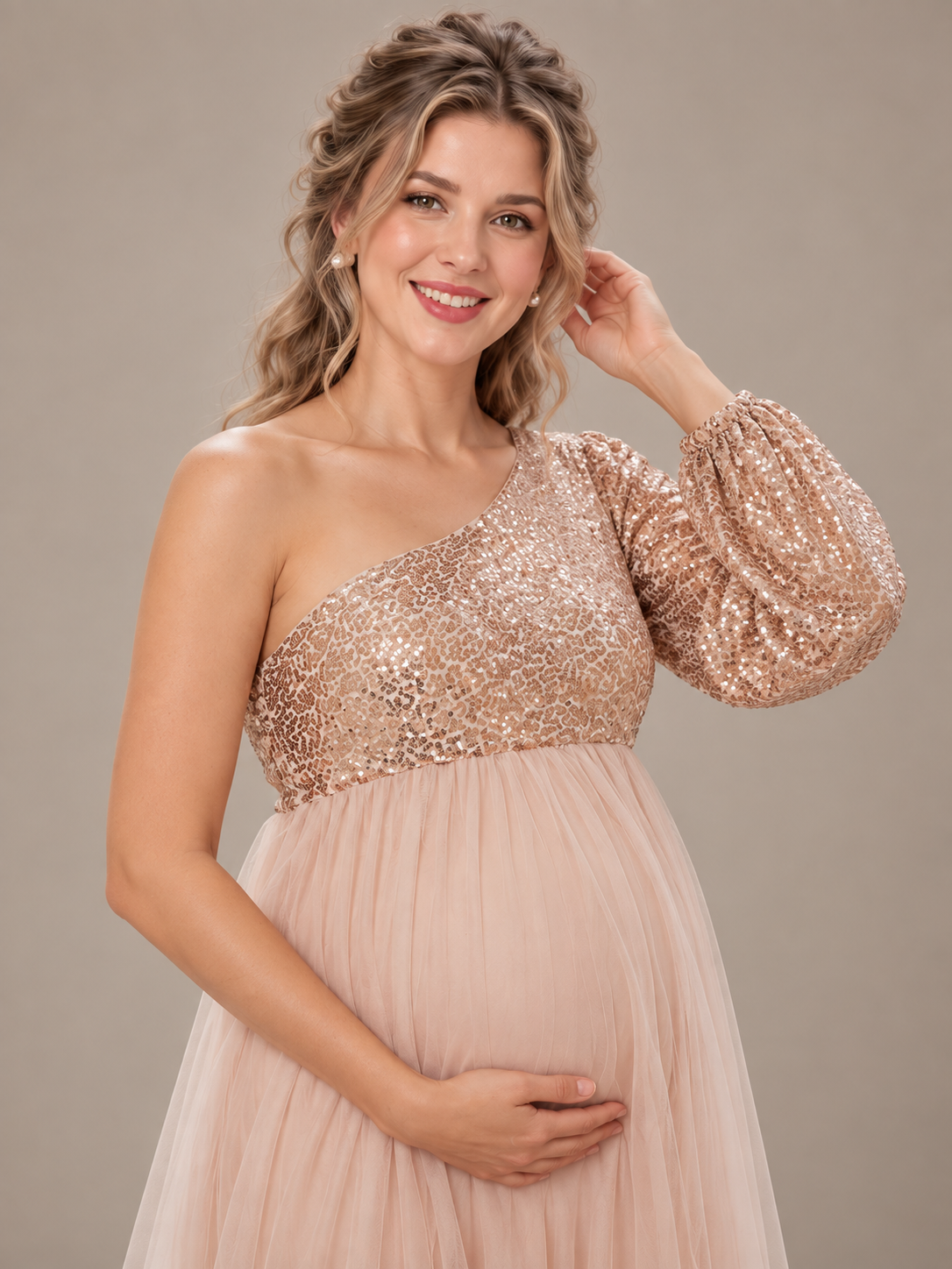 Vivienne Rose Gold maternity dress — single long sleeve with gathered cuff detail