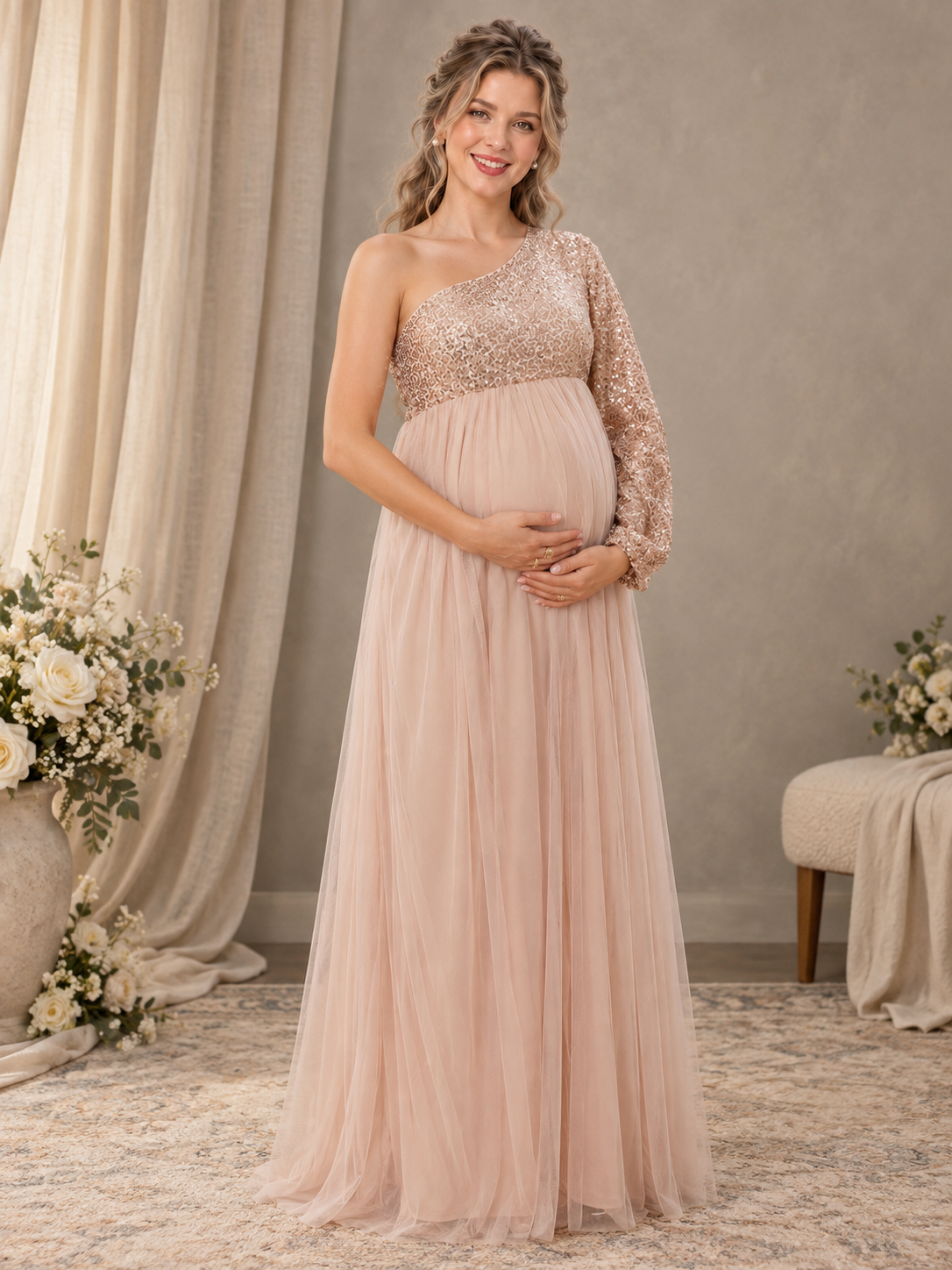 Vivienne Rose Gold maternity dress — maternity keepsake portrait in a softly lit room