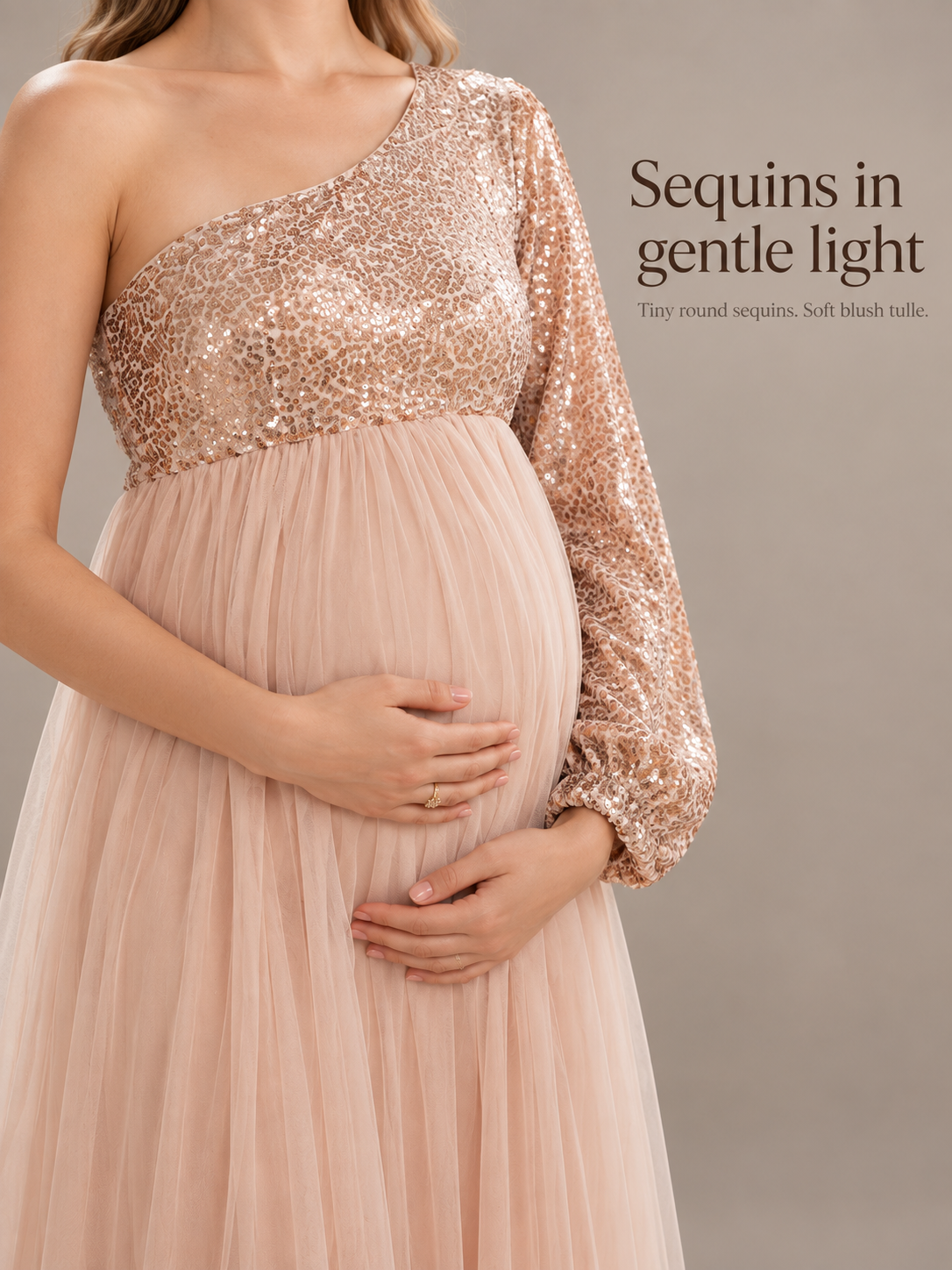 Vivienne Rose Gold maternity dress — fine sequins on the bodice and sleeve in gentle light