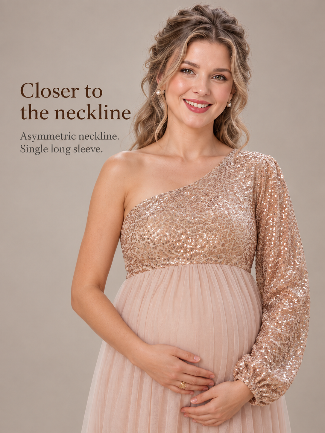 Vivienne Rose Gold maternity dress — asymmetric neckline and single long sleeve close-up