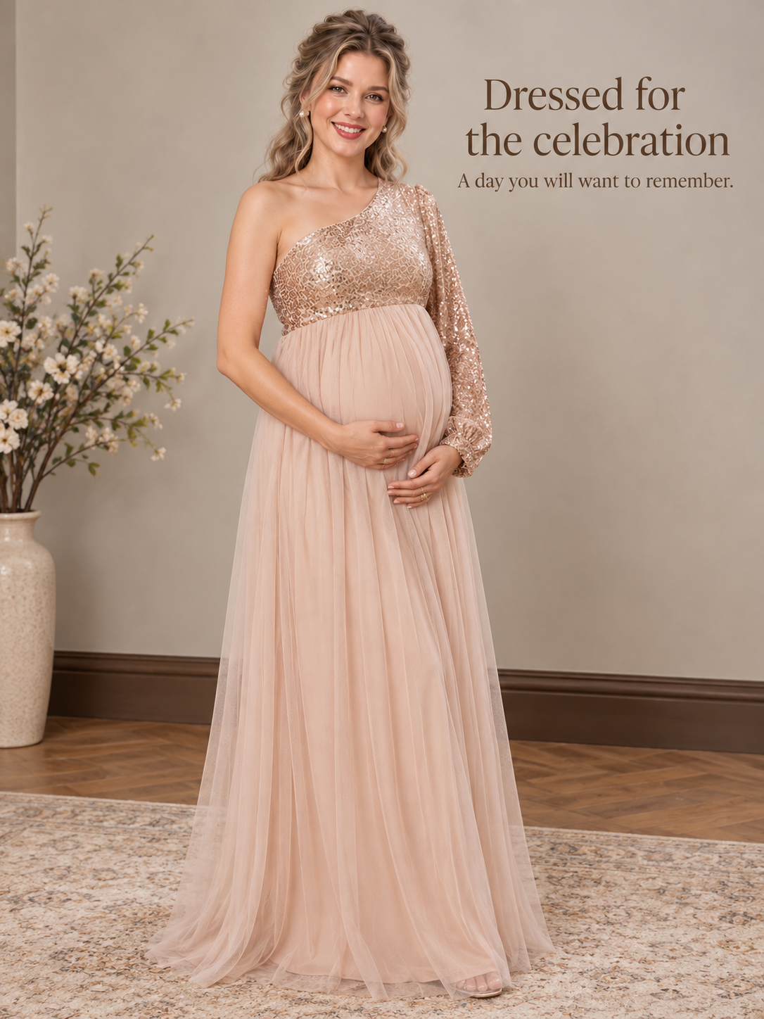 Vivienne Rose Gold maternity dress — baby shower and maternity portrait styling with flowers