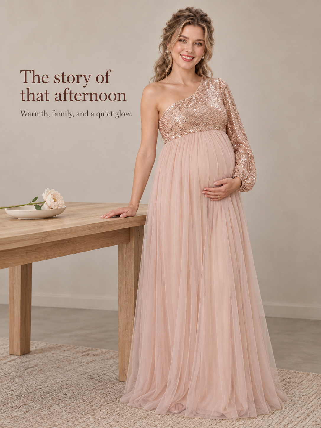 Vivienne Rose Gold maternity dress — keepsake moment beside a wooden table