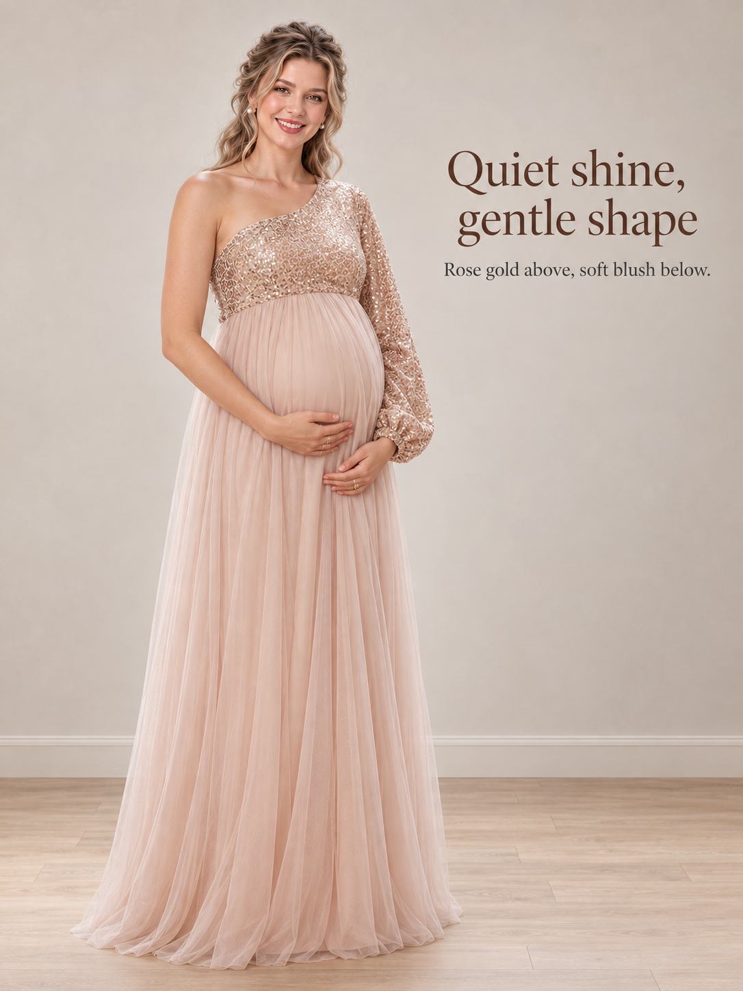 Vivienne Rose Gold maternity dress — BabyShowerDress brand story with a full-length view