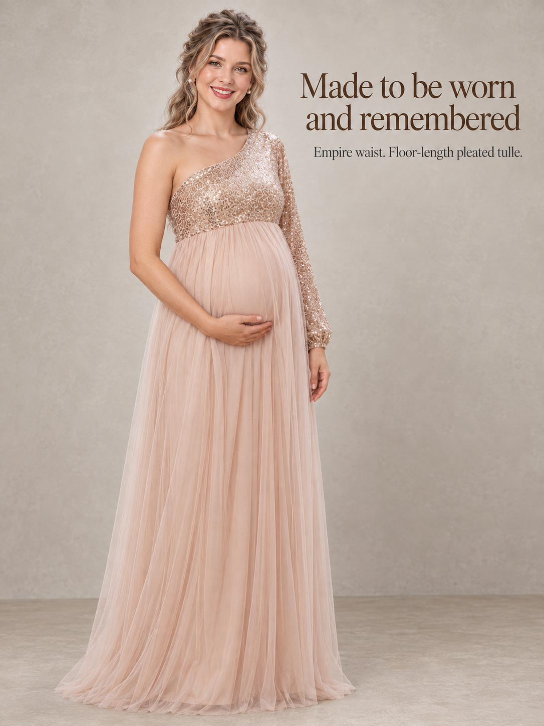 Vivienne Rose Gold maternity dress — one-shoulder neckline, single sleeve and tulle skirt details