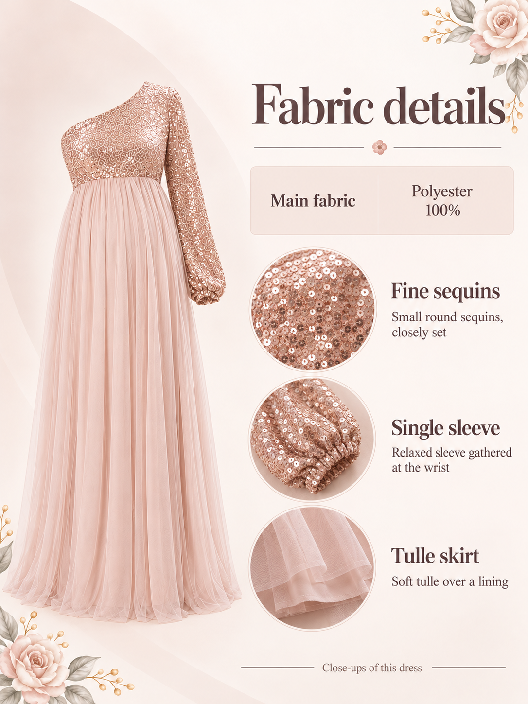 Vivienne Rose Gold maternity dress — material guide showing the fine sequins, tulle skirt and lining