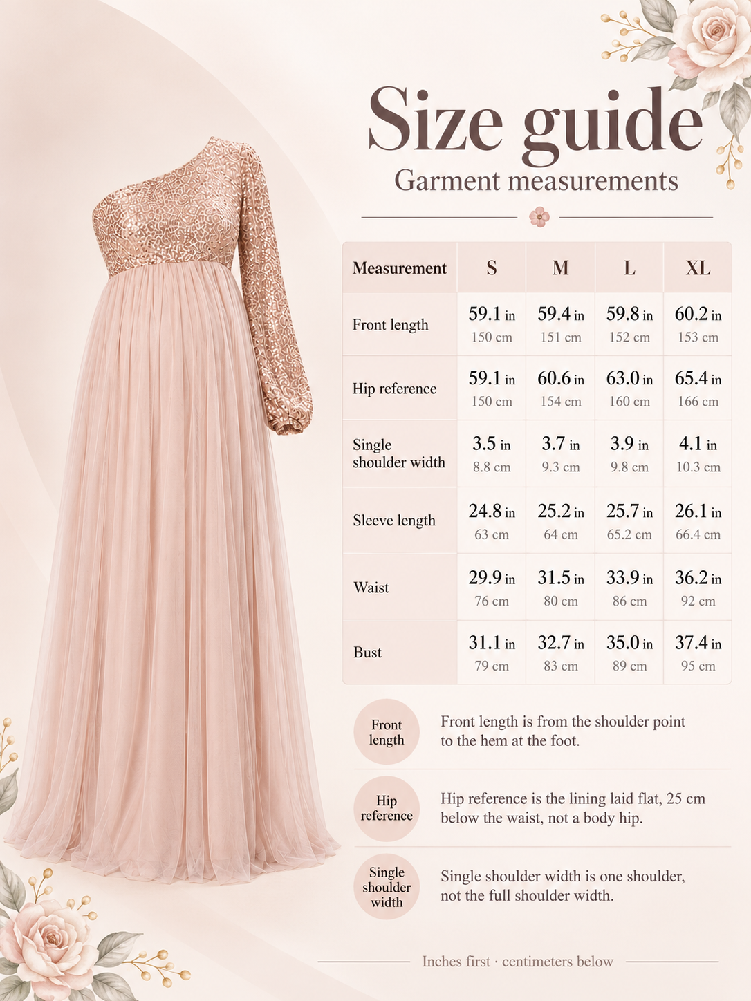 Vivienne Rose Gold maternity dress — size guide with S to XL garment measurements in inches and centimeters