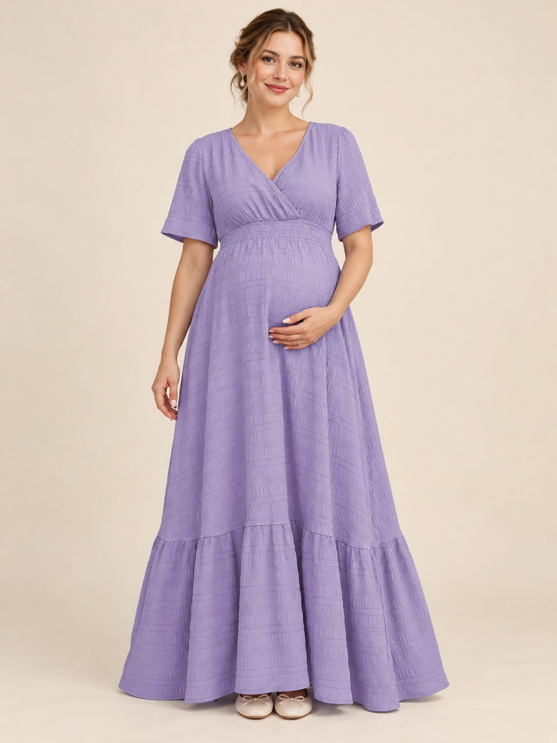 Eugenie Lavender maternity dress — front view with wrap V-neckline and flowing maxi skirt