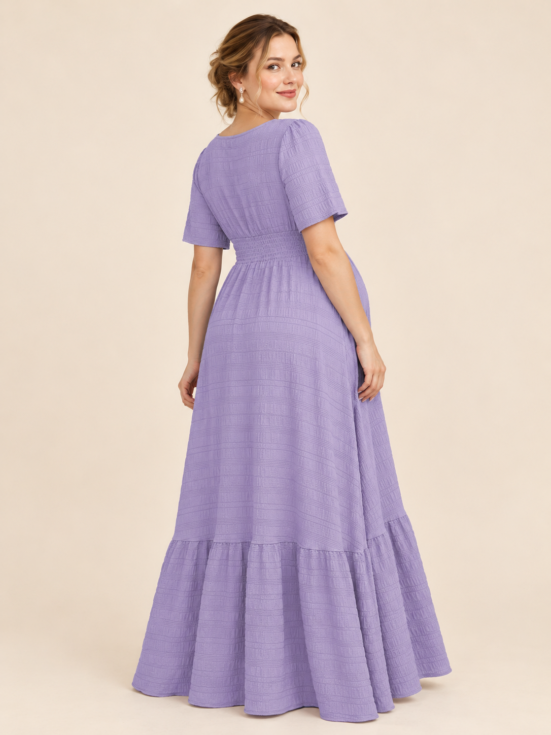 Eugenie Lavender maternity dress — back view with the smocked waistband and tiered hem
