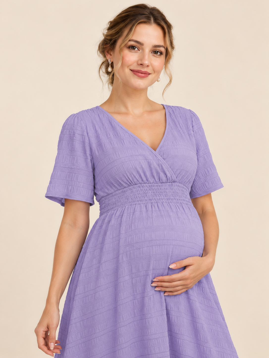 Eugenie Lavender maternity dress — close-up portrait variation with a warm smile
