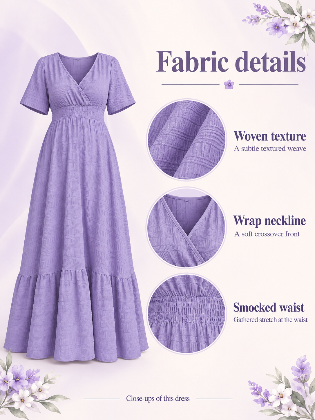 Eugenie Lavender maternity dress — material guide showing the woven texture, wrap neckline and smocked waist