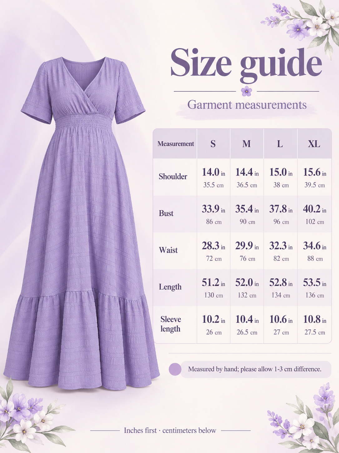 Eugenie Lavender maternity dress — size guide with S to XL garment measurements in inches and centimeters