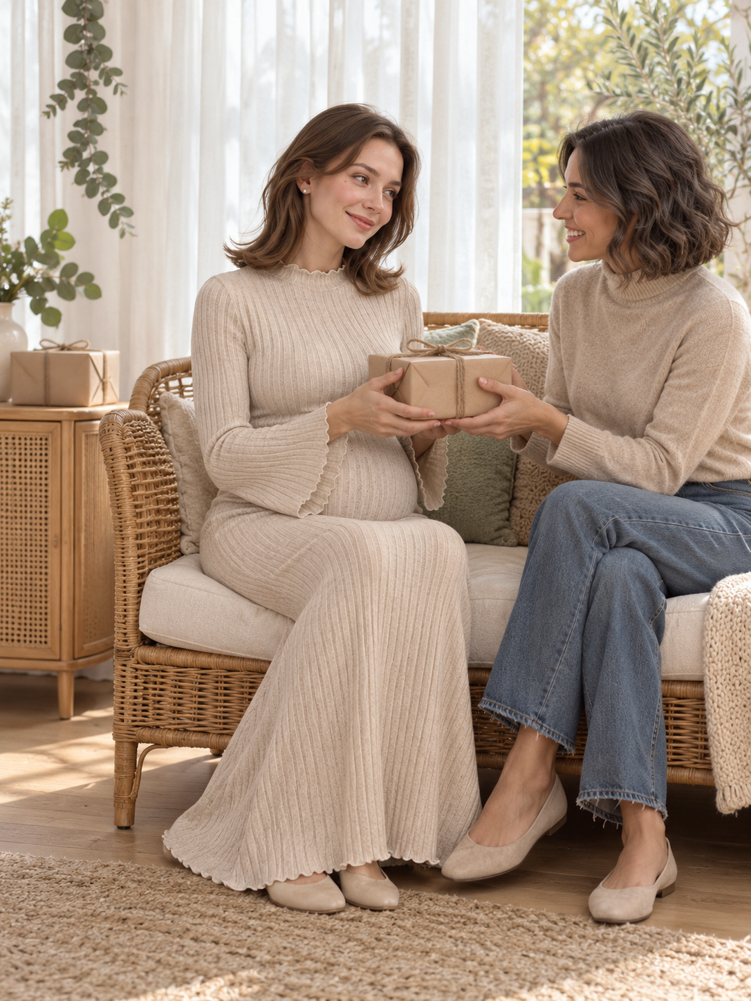Lucienne Oatmeal maternity dress — opening a gift from a friend at a baby shower