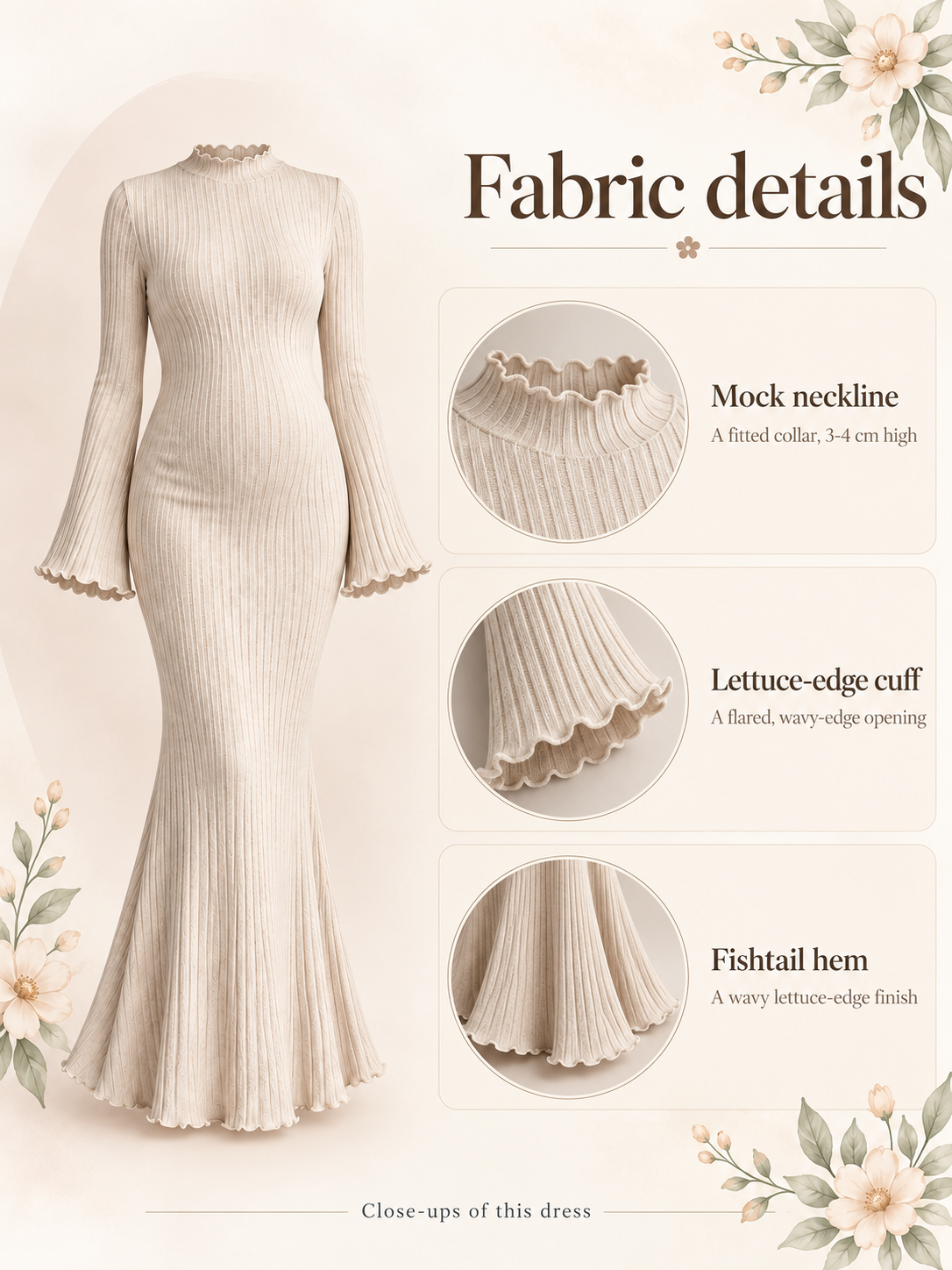Lucienne Oatmeal maternity dress — fabric close-ups of the mock neckline, lettuce-edge cuffs and fishtail hem