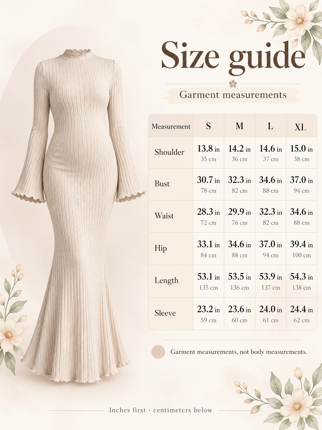 Lucienne Oatmeal maternity dress — size guide with S to XL garment measurements in inches and centimeters