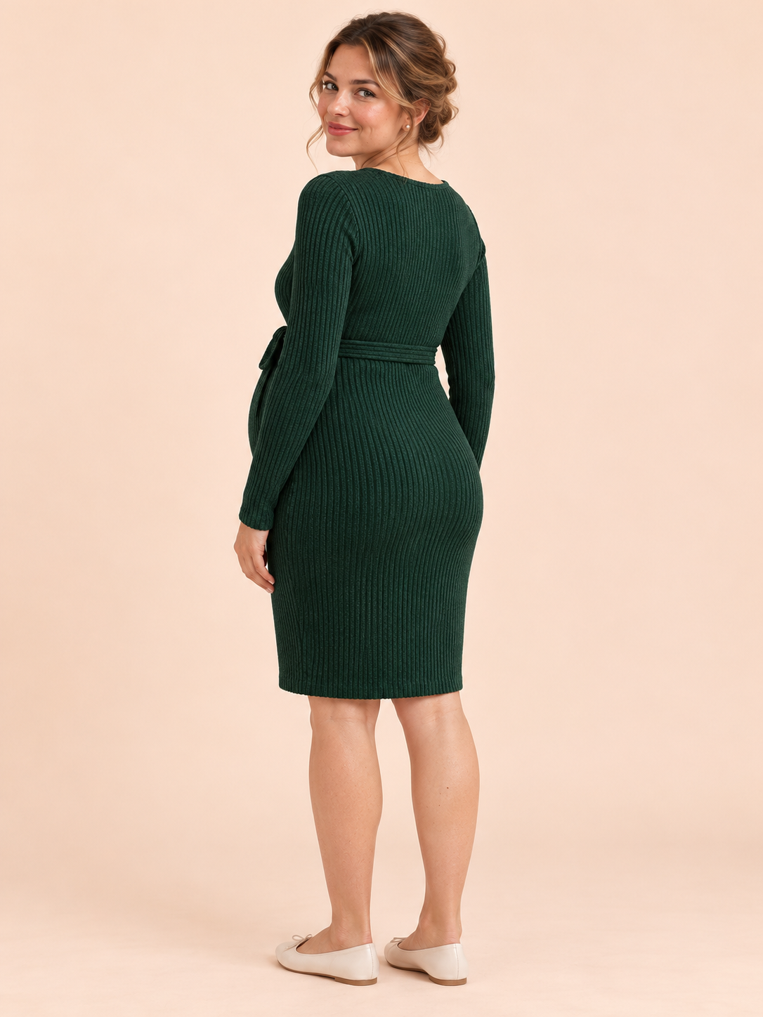 Rhea Forest Green maternity dress — back view of the plain round neckline and single back seam