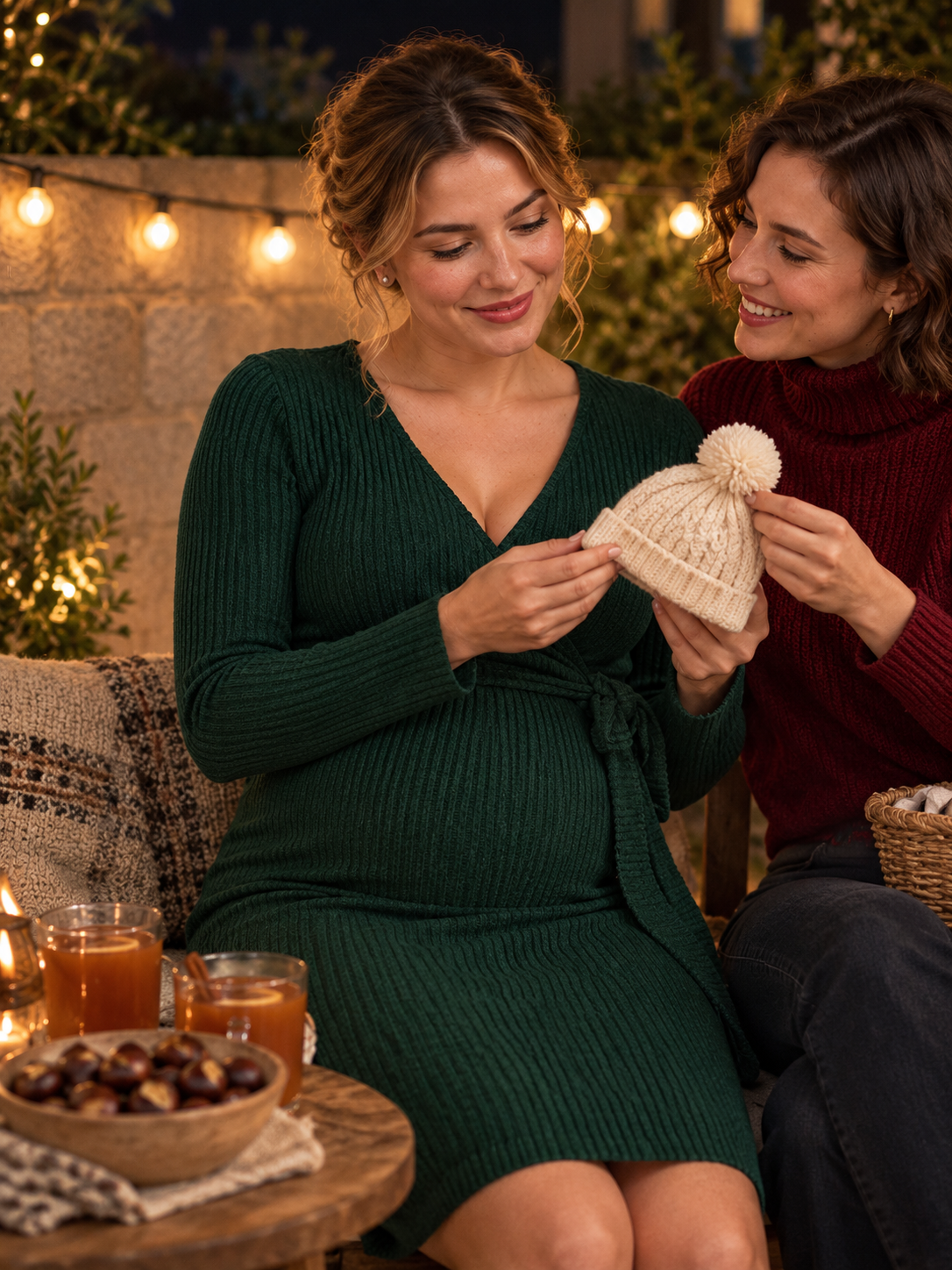 Rhea Forest Green maternity dress — seated with a friend under string lights, holding a knit baby hat