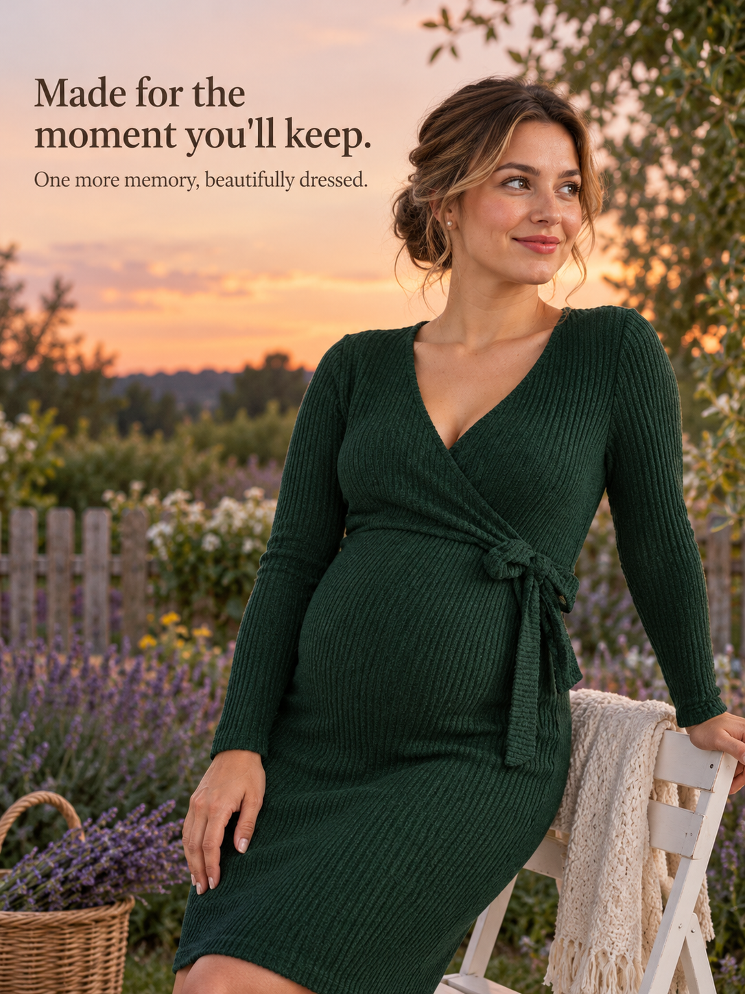 Rhea Forest Green maternity dress — leaning on a white folding chair outdoors at sunset