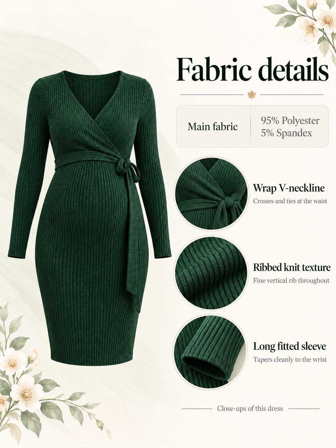 Rhea Forest Green maternity dress — material guide showing the ribbed knit fabric, wrap neckline and sleeve