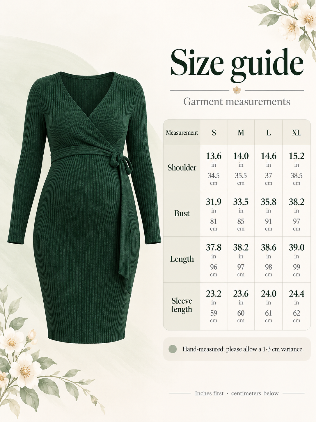 Rhea Forest Green maternity dress — size guide with S to XL garment measurements in inches and centimeters